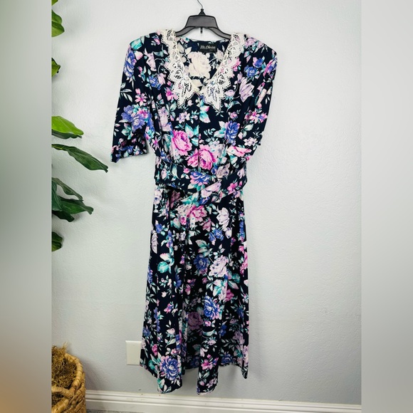 Vintage Ms. Choice Lace Collar Floral Midi 90s Princess Shabby Chic Dress - Picture 3 of 9